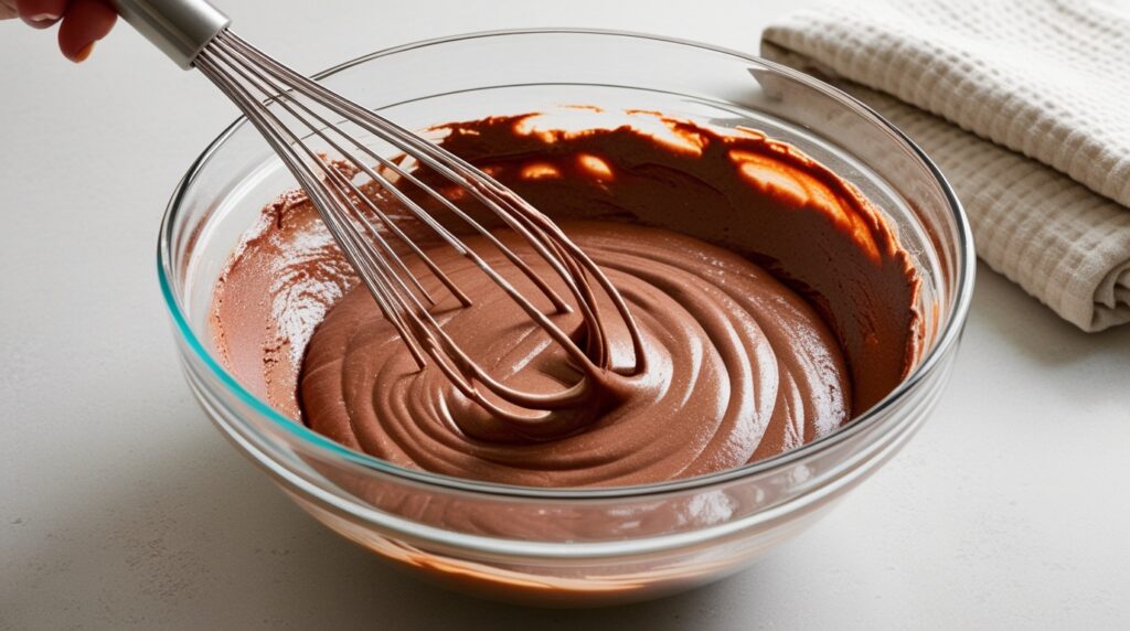 Mixing chocolate batter for a cake to achieve the perfect fluffy texture.
