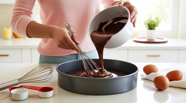 Pouring brownie mix batter into a round cake pan for making a cake.