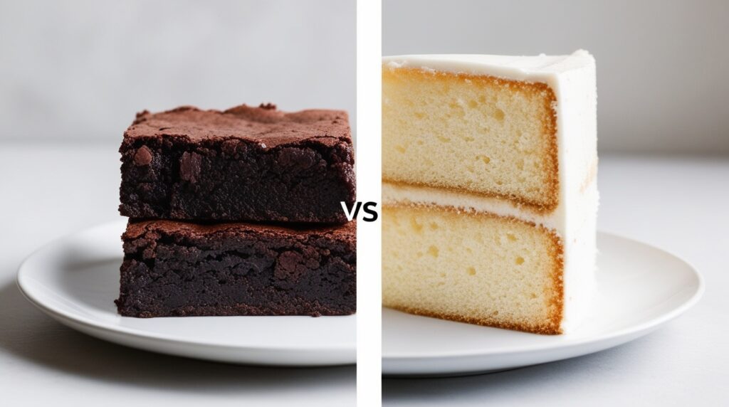 A comparison of brownie vs. cake slices showing the difference in texture.


