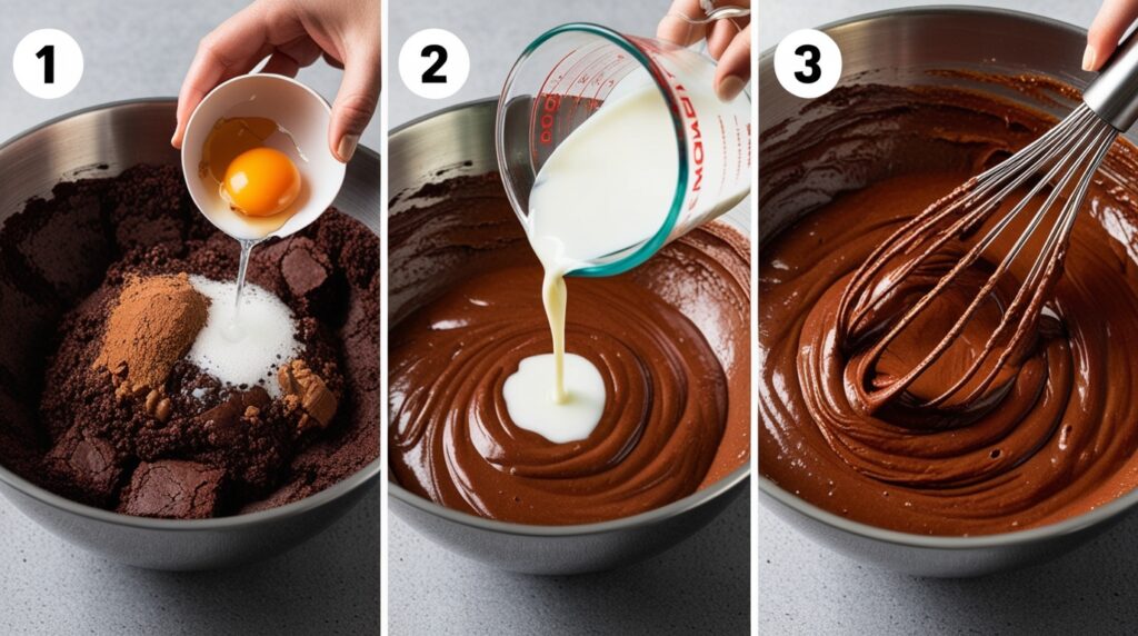 Step-by-step preparation for making a cake with a brownie mix, from cracking eggs to mixing the batter.
