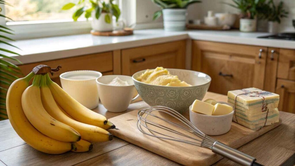 Can I use bananas instead of butter in baking? Ripe bananas and mashed bananas on a countertop for baking.