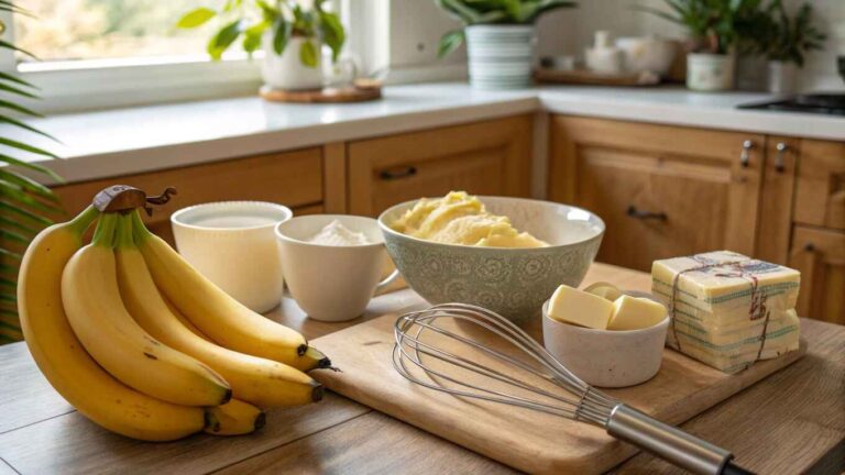 Can I use bananas instead of butter in baking? Ripe bananas and mashed bananas on a countertop for baking.