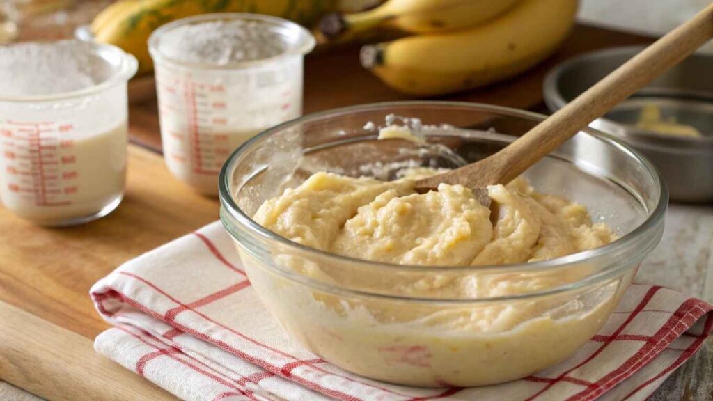 Mixing mashed bananas into cake batter in a bowl.