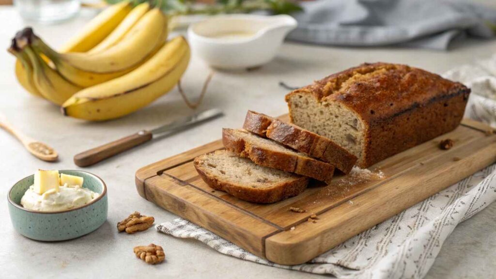  Slices of banana bread next to bananas and butter.